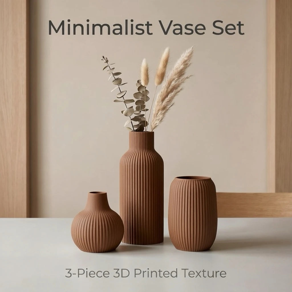 3-Piece Matte Pla Plastic 3D Printed Vase Set, Vertical Striped Embossed Decorative Vases, Modern Minimalist Dining Room and Living Room