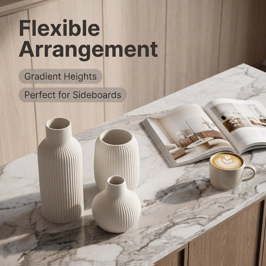 3-Piece Matte Pla Plastic 3D Printed Vase Set, Vertical Striped Embossed Decorative Vases, Modern Minimalist Dining Room and Living Room