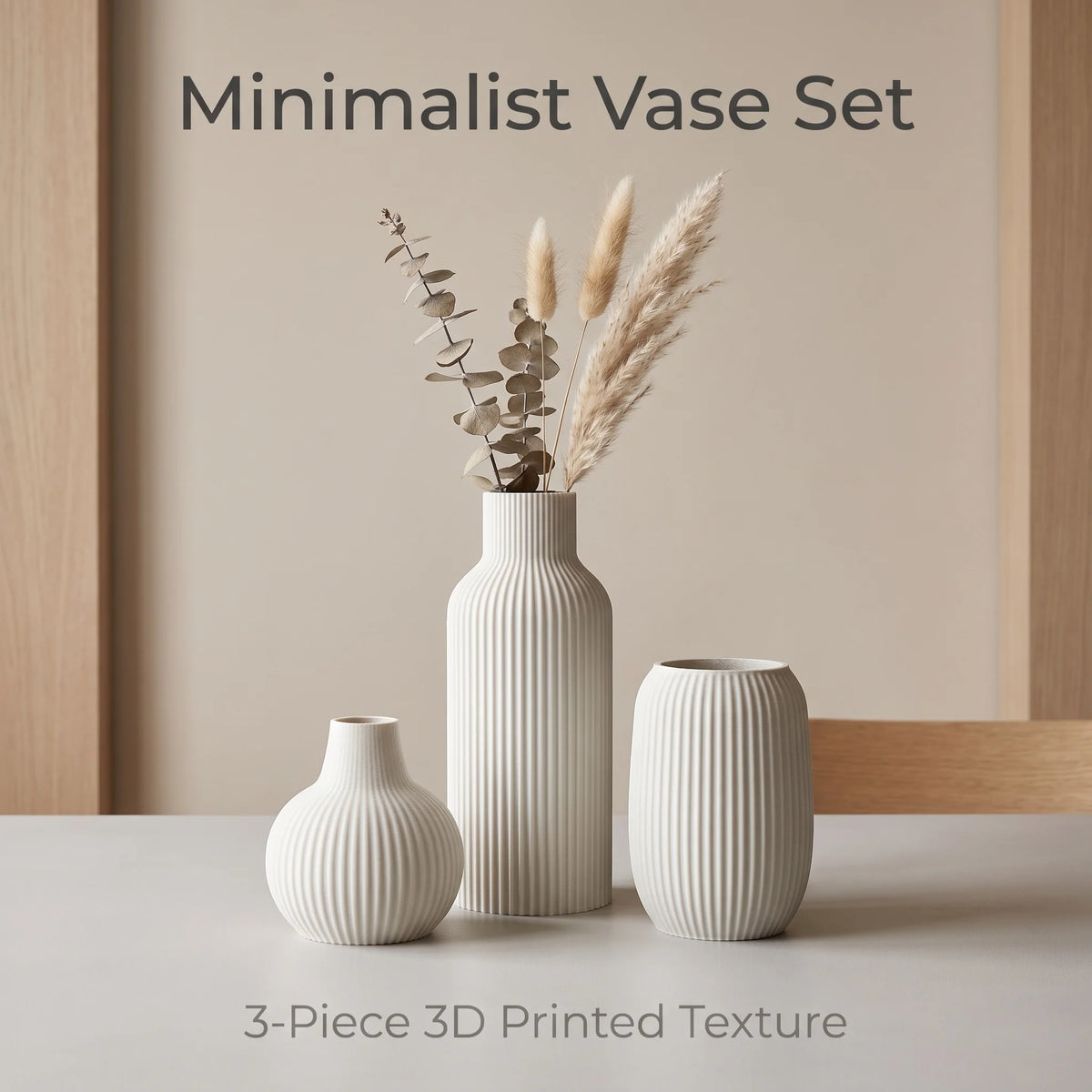 3-Piece Matte Pla Plastic 3D Printed Vase Set, Vertical Striped Embossed Decorative Vases, Modern Minimalist Dining Room and Living Room