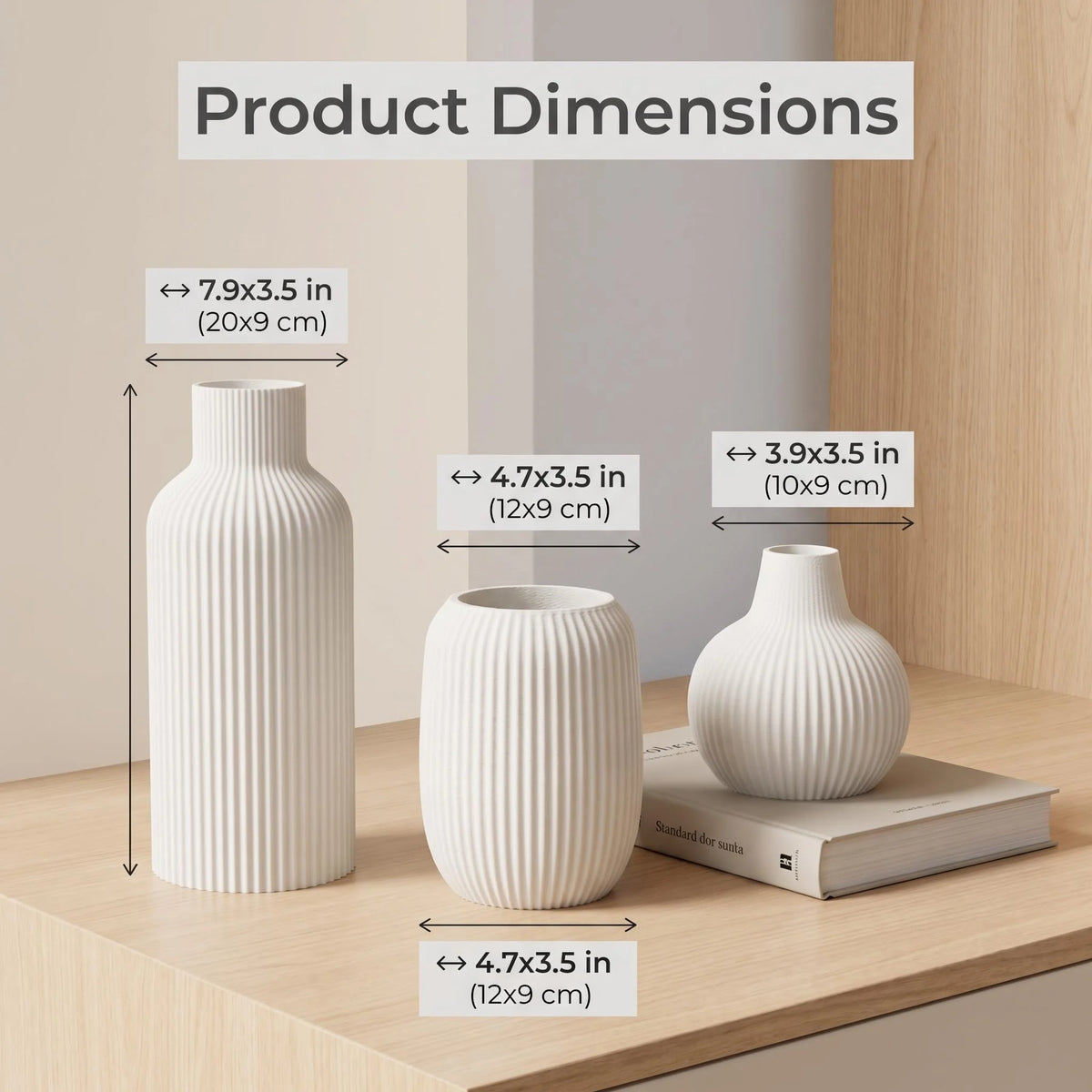 3-Piece Matte Pla Plastic 3D Printed Vase Set, Vertical Striped Embossed Decorative Vases, Modern Minimalist Dining Room and Living Room