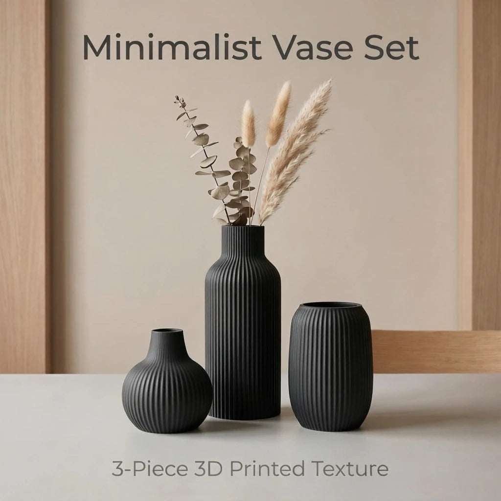 3-Piece Matte Pla Plastic 3D Printed Vase Set, Vertical Striped Embossed Decorative Vases, Modern Minimalist Dining Room and Living Room